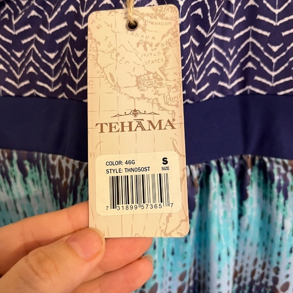 Tehama Tank Racerback Dress Stretch Strap Midi Turquoise Navy Fit Flare, Size S - Picture 5 of 9